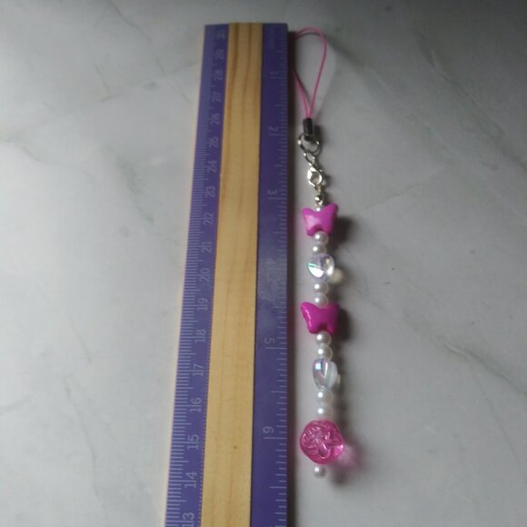 Hot Pink Butterfly Beaded Phone Charm | Iridescent Pearl Strap Accessory - Picture 7 of 7